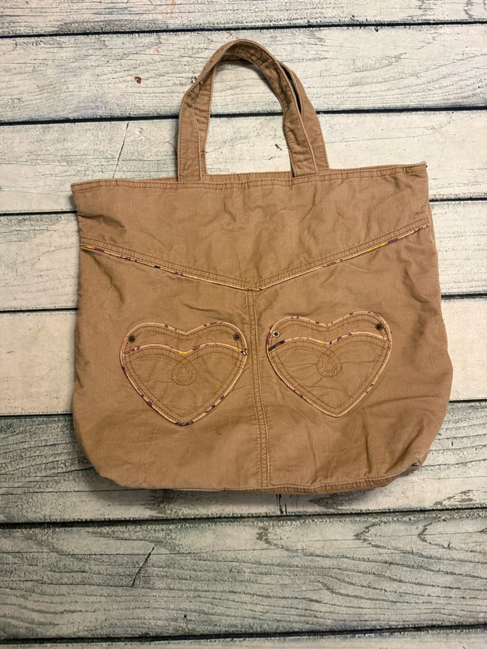 Gap tan brown corduroy tote bag purse with heart pockets.